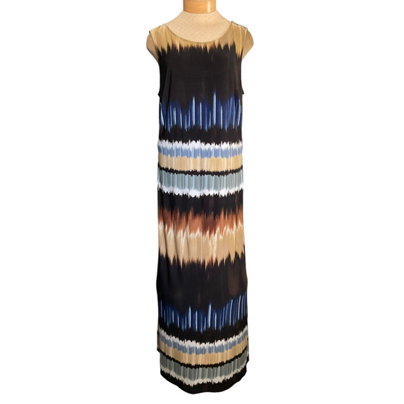 Sandra Darren Women's 20W Blue Tan Sleeveless Maxi Dress Keyhole Back Abstract - Picture 1 of 12